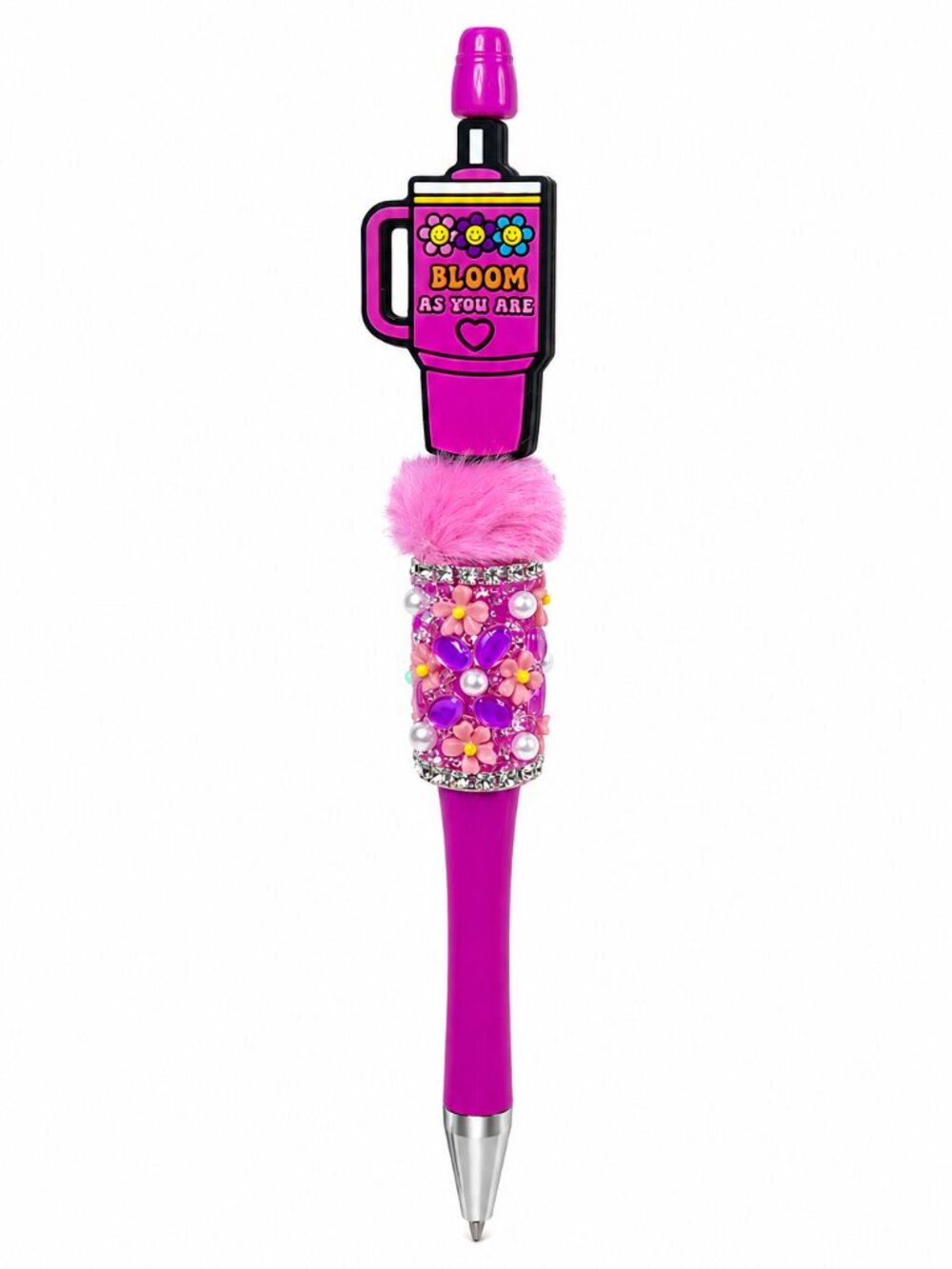 Bloom As You Are Pink Floral Charm Decorative Pen with Faux Fur Pom